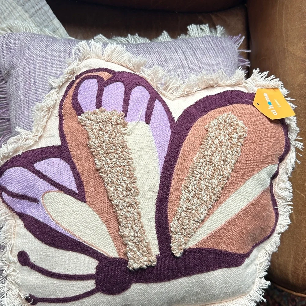 Pink Purple Butterfly Accent Pillow Set of 2 Fringed Textured 3D Decorative NEW